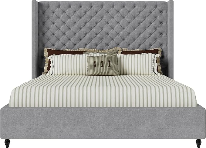 Jocisland King Size Bed Frame with 65" Tall Headboard, Upholstered Wingback Platform Design, Handcrafted Pleats & Deep Button Tufted, Solid Wood Legs, No Box Spring Needed, Grey
