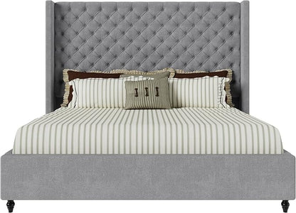 Jocisland King Size Bed Frame with 65" Tall Headboard, Upholstered Wingback Platform Design, Handcrafted Pleats & Deep Button Tufted, Solid Wood Legs, No Box Spring Needed, Grey