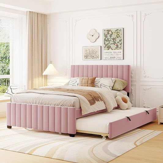 Bellemave Full Bed Frame with Trundle Bed,Velvet Upholstered Platform Bed Frame,Full Size Trundle Bed with Headboard for Kids Teens Adults(Pink)