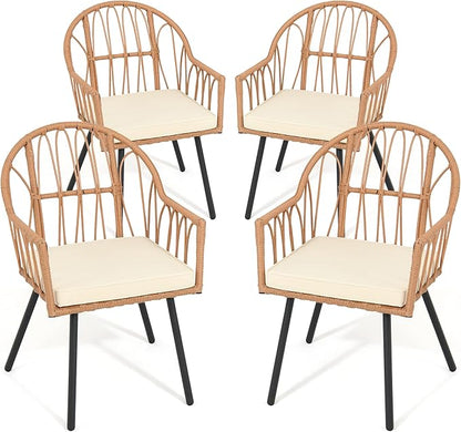 YITAHOME 4 Pieces Rattan Wicker Dinning Chairs, Outdoor Indoor Patio Furniture Set with Cushion and Curved Back All Weather Bistro Chair for Garden Backyard Porch Poolside Restaurant (Beige)