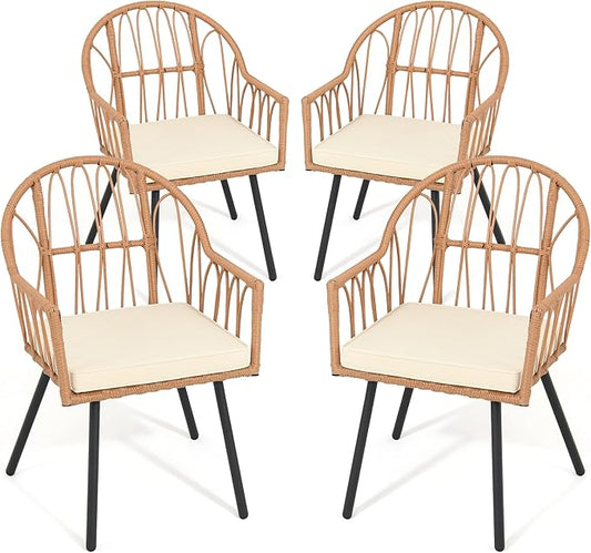 YITAHOME 4 Pieces Rattan Wicker Dinning Chairs, Outdoor Indoor Patio Furniture Set with Cushion and Curved Back All Weather Bistro Chair for Garden Backyard Porch Poolside Restaurant (Beige)
