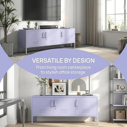 3 Door TV Stand with Storage Locke Metal TV Cabinet with 2-Tier Multi-Purpose Lockable Wide Storage Cabinet, Media Console Table with Metal Legs for Living Room, Bedroom,Office,Purple ﻿