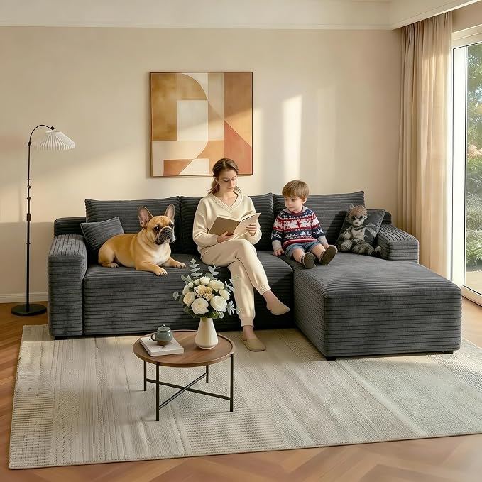JINGLING 94" L Shape Couch with Right Chaise, Memory Foam Boneless Sectional Sofa in a Box, No Assembly Modular Small Couches for Small Spaces, Living Room, Apartments, Plush Corduroy, Dark Grey