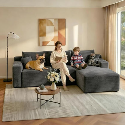 JINGLING 94" L Shape Couch with Right Chaise, Memory Foam Boneless Sectional Sofa in a Box, No Assembly Modular Small Couches for Small Spaces, Living Room, Apartments, Plush Corduroy, Dark Grey