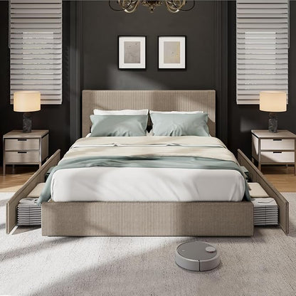 GAOMON Corduroy Full Bed Frame with Headboard, Platform Upholstered Bed Frame with 4 Storage Drawers and Wooden Slats Support, No Box Spring Needed, Brown