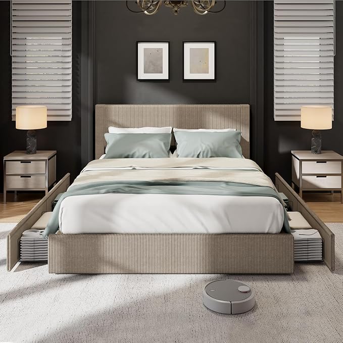 GAOMON Corduroy Queen Bed Frame with Headboard, Platform Upholstered Bed Frame with 4 Storage Drawers and Wooden Slats Support, No Box Spring Needed, Brown