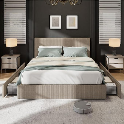 GAOMON Corduroy Queen Bed Frame with Headboard, Platform Upholstered Bed Frame with 4 Storage Drawers and Wooden Slats Support, No Box Spring Needed, Brown
