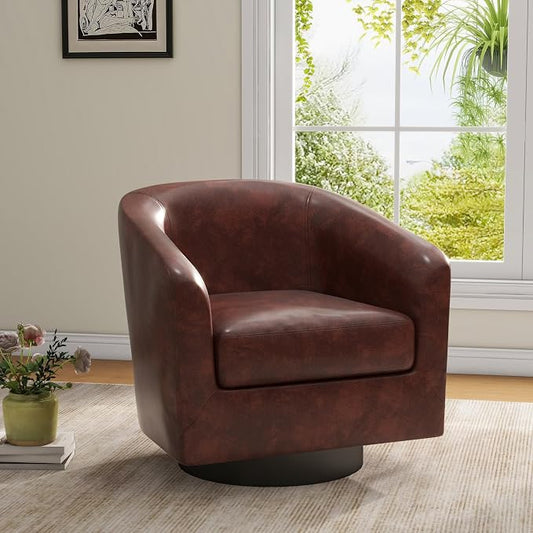 PU Leather Swivel Barrel Accent Chair, Upholstered Armchair Club Chair for Living Room, Round Arm Chair Bedroom Single Sofa Reading Seat - Red Brown