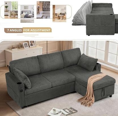 84" Corduroy Pull Out Sofa Bed w/Adjustable Backrests, Sectional L-Shape Sleeper Sofa w/Storage Chaise, Convertible Couch Bed w/USB Charging Port & Cup Holders for Living Room, House, Grey