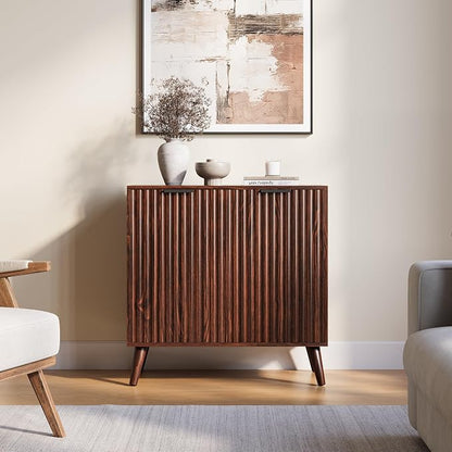 Walnut Sideboard Buffet Cabinet with Storage, 2 Doors Modern Fluted Buffet Cabinet for Living Room, Accent Credenza with Adjustable Shelves Entryway Storage Cabinets for Kitchen, Entryway