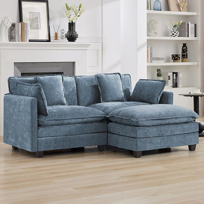 76'' Cloud Deep Seat Loveseat Sofa, Upholstered Chenille Modular 2-Seats Sectional Sofa Couch with Movable Ottoman, Modern Comfy Settee Loveseat for Living Room Set, Small Apartment, Blue
