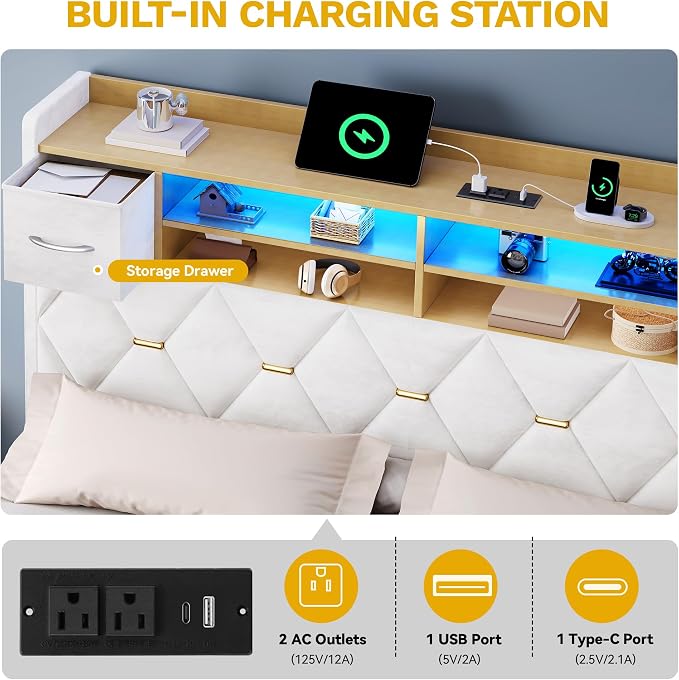 DWVO King Size Bed Frame with 2 Storage Drawers and Storage Headboard, Upholstered Platform with Charging Station and LED Light, No Box Spring Needed, Noise Free, Easy Assembly, Velvet White