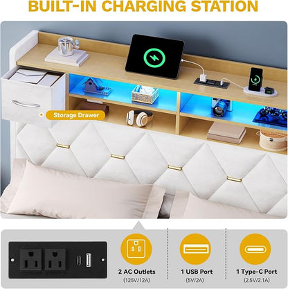 DWVO King Size Bed Frame with 2 Storage Drawers and Storage Headboard, Upholstered Platform with Charging Station and LED Light, No Box Spring Needed, Noise Free, Easy Assembly, Velvet White