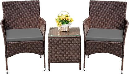 Devoko Patio Porch Furniture Sets 3 Pieces PE Rattan Wicker Chairs with Table Outdoor Garden Furniture Sets (Brown/Grey)