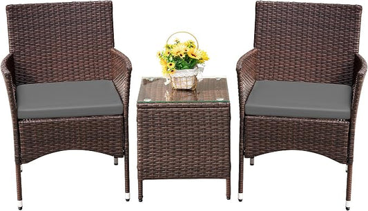 Devoko Patio Porch Furniture Sets 3 Pieces PE Rattan Wicker Chairs with Table Outdoor Garden Furniture Sets (Brown/Grey)