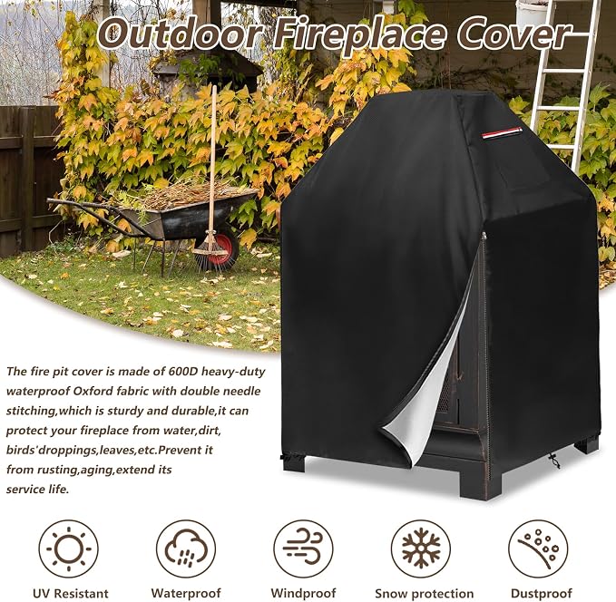 Outdoor Fireplace Cover,Heavy Duty 600D Square Chiminea Fireplace Cover,Pagoda Fire Pit Cover,25" L x 25" W x 39" H,Black.