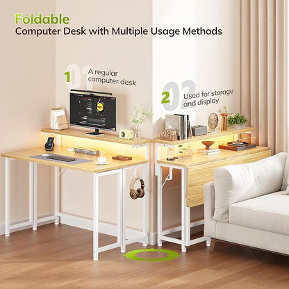 DurayLoly Folding Table with RGB Light for Small Space, 31.5" Folding Computer Desk for Space Saving Sofa Table for Couch, Home Work Office Desk with Monitor Stand, Easy to Fold with Hooks, Oak