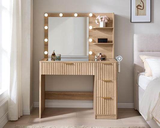 AMERLIFE 36.2" Fluted Vanity Desk with Mirror and Adjustable LED Lights, Large 4 Drawers Makeup Vanity Table with Glass Top and Charging Station for Women and Girls, Bedroom or Dorm, Natural Oak