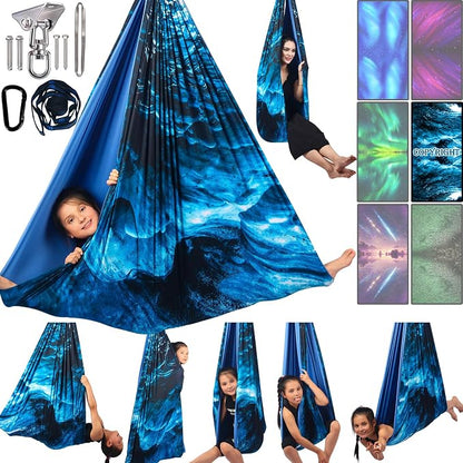 Sensory Swing for Kids & Adults Holds up to 300lbs Indoor & Outdoor Double Layer Therapy Cuddle Swing with 360° Swivel Hanger Kit for Calming, Effect for Autism, ADHD or SPD. (Ice Teal)
