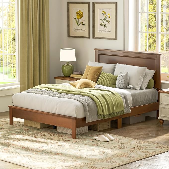 Giantex Wood Full Platform Bed Frame with Headboard, Mid Century Bed Frame with Solid Wood Legs & Wooden Slat Support, Pallet Bed Mattress Foundation, No Box Spring Needed