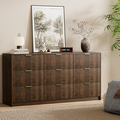 Furniway Walnut Dresser for Bedroom, Modern Dresser with 9 Drawers and Smooth Slides, Wide Chest of Drawers with Golden Handles for Bedroom, Living Room, Closet, 15.7" D x 63" W x 31.5" H