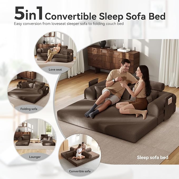 Upgrade High Backrest Design Sofa Bed with Fixed-Shape Frame & Removable Armrests and Backrest, Corduroy Fabric, Convertible Mattress Couch for Small Spaces - No Assembly Needed (Brown)