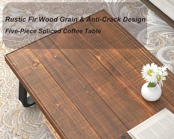 IBF Natural Wood Coffee Table, Rustic Solid Wood Center Table for Living Room, Rectangle Metal and Real Wooden Tea Table, Modern Industrial Minimalist Wooden Cocktail Tables, Rustic Brown, 47 Inch