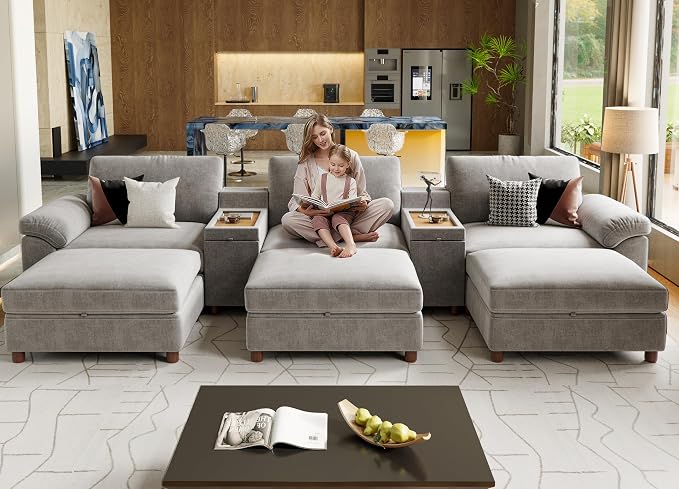 SITJOY Large Cloud Couch, 146" Wide 3 Seater Bed with Console, Light Gray | Detachable and Washable Chenille Cover Sectional Sofas for Living Room, Deep Seat Wide Couch with Chaise, Storage Ottoman
