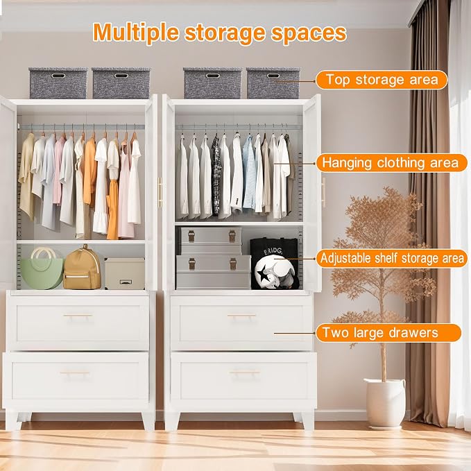 Anwick Metal Wardrobe Closet, 71" Tall Black Metal Wardrobe Cabinet with Hanging Rod, 2 Drawers, 2 Doors and Adjustable Shelf for Bedroom Guest Room Laundry Room (White, 71" Tall)