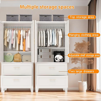 Anwick Metal Wardrobe Closet, 71" Tall Black Metal Wardrobe Cabinet with Hanging Rod, 2 Drawers, 2 Doors and Adjustable Shelf for Bedroom Guest Room Laundry Room (White, 71" Tall)