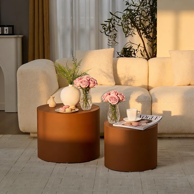 Round Coffee Table Set of 2, Modern Leather Circle Accent Tables, Minimalist Wooden Drum Side Table for Small Spaces Living Room Bedroom Balcony Office. Brown