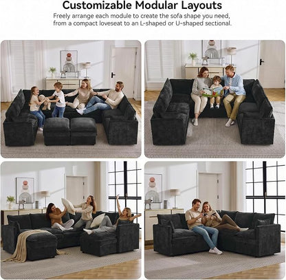 105" Black Oversized Modular Storage Sofa, U Shaped Chenille Cloud Couch | Oversized Convertible Sectional Sofa, 8-Seat Sectional Couch With Armrests, Large Cloud Couch For Living Room, Apartment.