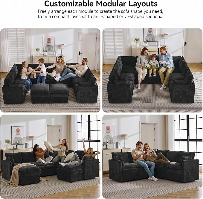 105" Black Modular Storage Sofa, U Shaped Chenille Couch with 2 Ottomans | Oversized Convertible Sectional Sofa, 6-Seat Sectional Couch With 2 Ottomans, Large Cloud Couch For Living Room, Apartment.