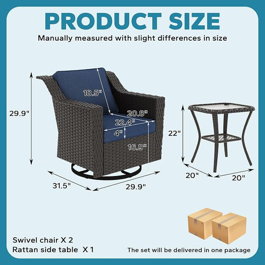 6 Pieces Patio Conversation Furniture Set - 4 Swivel Chairs, 2 Side Tables, Outdoor Wicker Furniture with Removable Cushions for Porch, Sunroom (Blue)