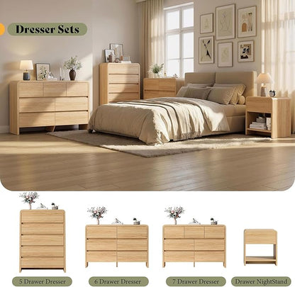 AMERLIFE Modern 3-Piece Bedroom Furniture Set with 7-Drawer Dresser and 2 Nightstands, Large Storage Capacity, Rounded Corners, Flexible Combination Design, Anti-Tip Kit Included, Light Oak