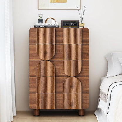 Fluted 5 Drawers Dresser for Bedroom, 46" Tall Dressers & Chest of Drawers w/Curved Profile Design, Wood Mid Century Modern Vertical Storage Dressers Organizer for Living Room, Hallway, Walnut