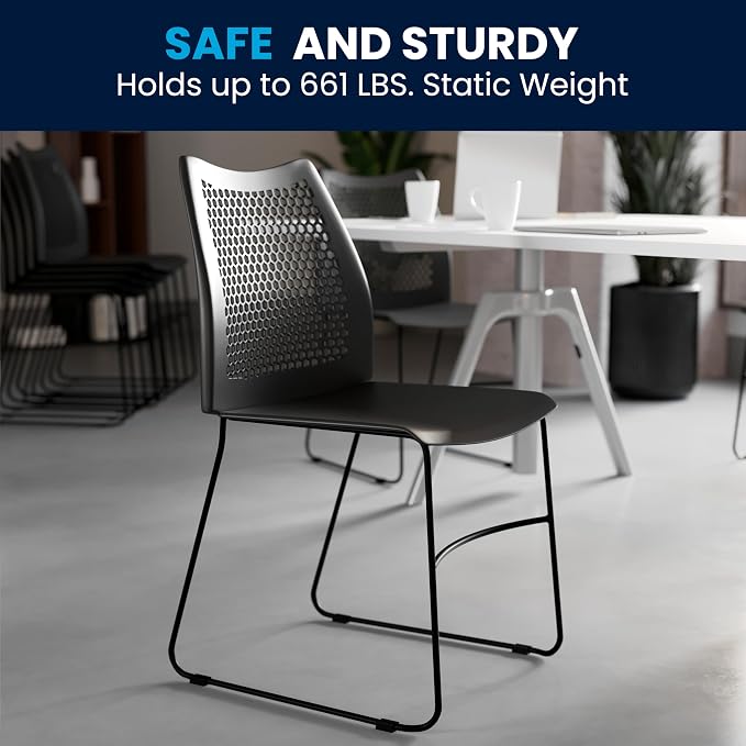 Flash Furniture HERCULES Series 661 lb. Capacity Black Stack Chair with Air-Vent Back and Black Powder Coated Sled Base