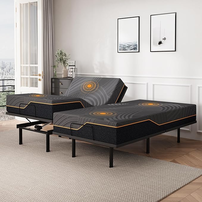 Dyonery Split King Adjustable Bed Base Frame with Wireless Remote + 14 Inch Copper Memory Foam Mattress Bed in a Box, Head and Foot Incline & Massage, Zero Gravity, Fiberglass Free, 80" × 76"