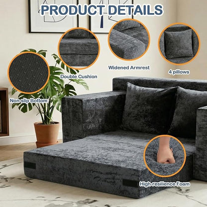 Boneless Loveseat Sleeper Sofa Bed, 3-in-1 Convertible Sofa Bed and Floor Futon Couch (Velvet-Grey, Loveseat (55"))