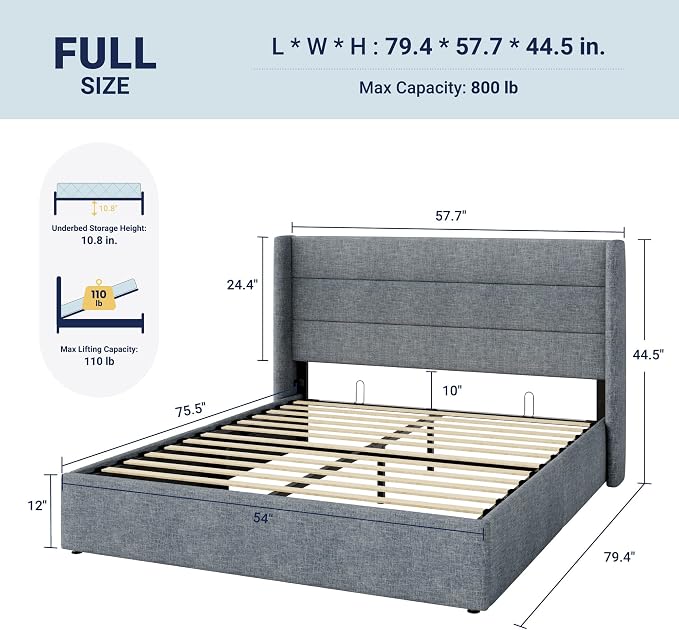 Allewie Full Size Lift Up Storage Bed, Modern Wingback Headboard, Hydraulic Support, No Box Spring Needed, Grey Blue