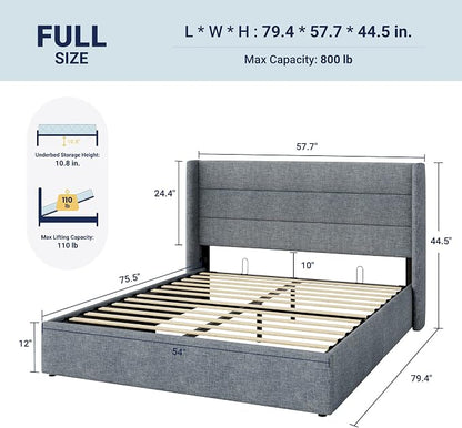 Allewie Full Size Lift Up Storage Bed, Modern Wingback Headboard, Hydraulic Support, No Box Spring Needed, Grey Blue