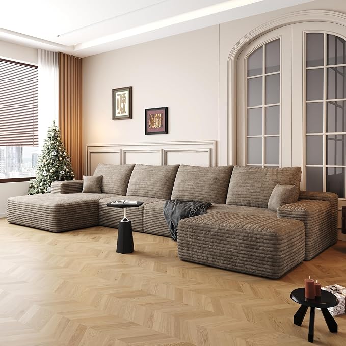 135" U Shaped Sectional Couch with Ottoman, Large Sectional Couches for Living Room, Plush Corduroy Convertible Sleeper Sofa, Compressed Foam Sofa in a Box No Assembly, Left Facing Chaise, Camel