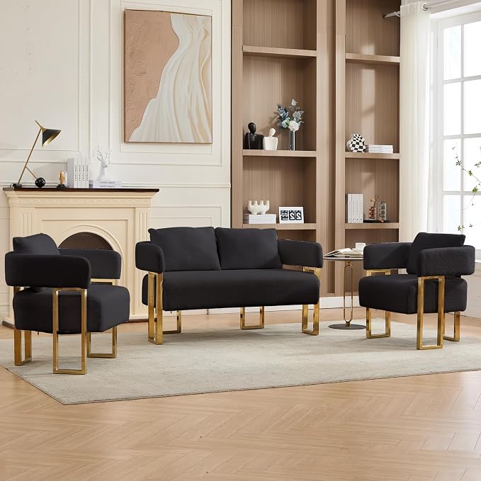 YISHENG Loveseat Sofa Modern Accent Chairs for Living Room with Golden Metal Legs Soft Teddy Upholstered Reading Armchairs no Wheels for Reception Room//Bedroom/Lounge/Office, Black