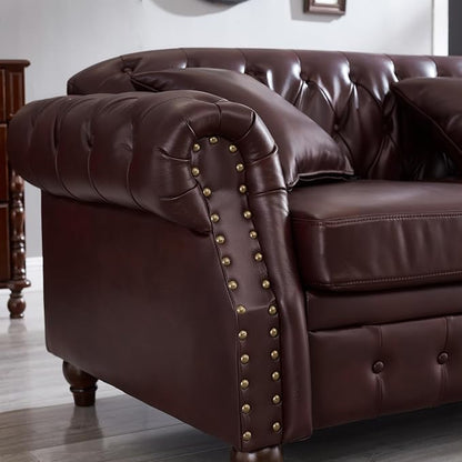 85.8" Tufted Leather Chesterfield Sofa with Storage, PU Chesterfield Couch with 3 Seats, Modern Chesterfield Sofa with Rolled Arm, Button Tufted Sofa for Living Room, Burgundy