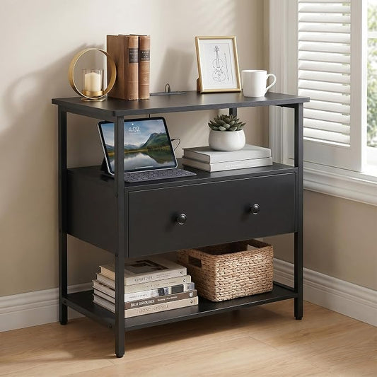 Edbuosy 27 Inch Wide Night Stand with Charging Station, Wood Nightstand with Open Shelf, Large Drawer Bedside Table for Living Room/Bedroom/Office, Black