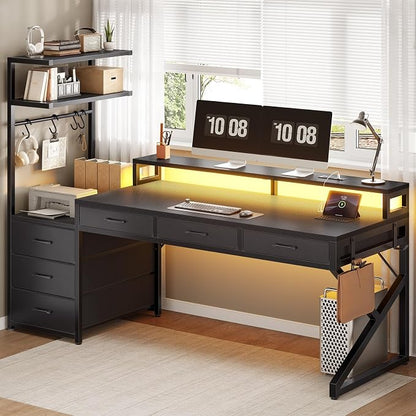 SEDETA 55" Gaming Desk with 6 Drawers, Corner Gaming Desk with Storage & LED Lights, Reversible PC Desk with Power Outlet, Corner Computer Desk with Hutch, Monitor Stand, Side Hook, Carbon Fiber Black