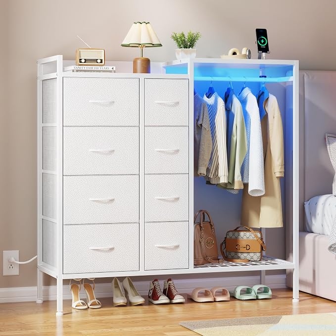 HIGDBFE Dresser with Hanging Rack, 8-Drawer Dresser for Bedroom with Charging Station & LED Lights, Fabric Dressers with Shoe Rack, Chest of Drawers with Wooden Top for Bedroom, White, 11.8" D