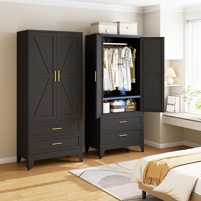 Steel Armoire Wardrobe Closet with 2 Drawers, 71" Metal Wardrobe Cabinet with Adjustable Shelves and Hanging Rod for Bedroom, Black Metal Clothing Storage Cabinets with 2 Doors