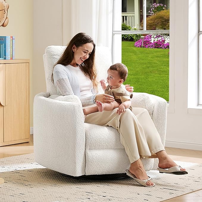 Jocisland Power Recliner Nursery Chair for Adults, Electric Swivel Rocking Glider with USB & Type-C Charge, Teddy Sherpa Armchair with 2 Pillows, Cozy Reclining Sofa for Living Room, Bedroom, White