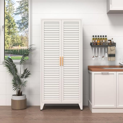 White Metal Storage Cabinet with Doors and 3 Adjustable Shelves 61"Tall Multifunctional Steel Heavy-duty Storage Locker for Kitchen Living Room Bedroom Home Office School 61"H X 27.6"W X 13.8"D